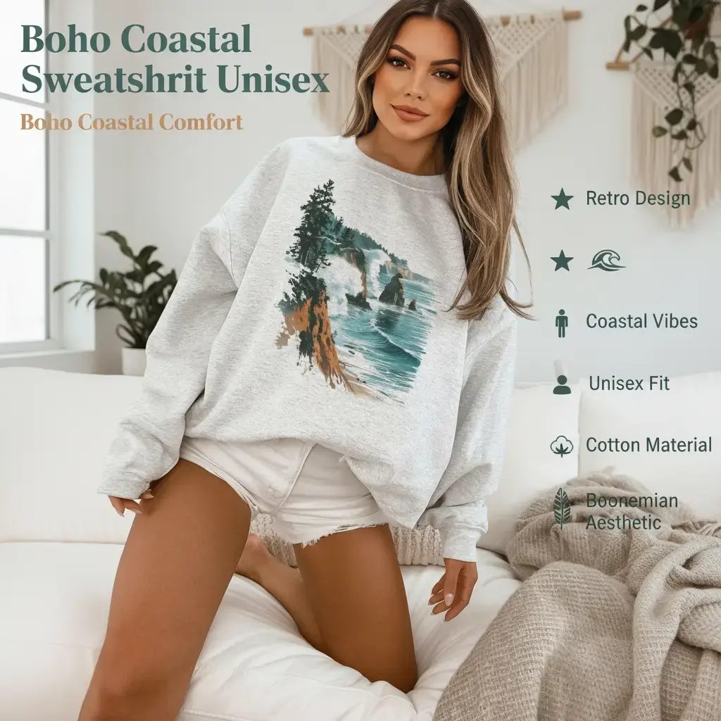 Retro Oregon Coast Graphic Sweatshirt, Unisex Boho 90s Vintage Pullover, Casual Cotton Blend for Beach Vacation