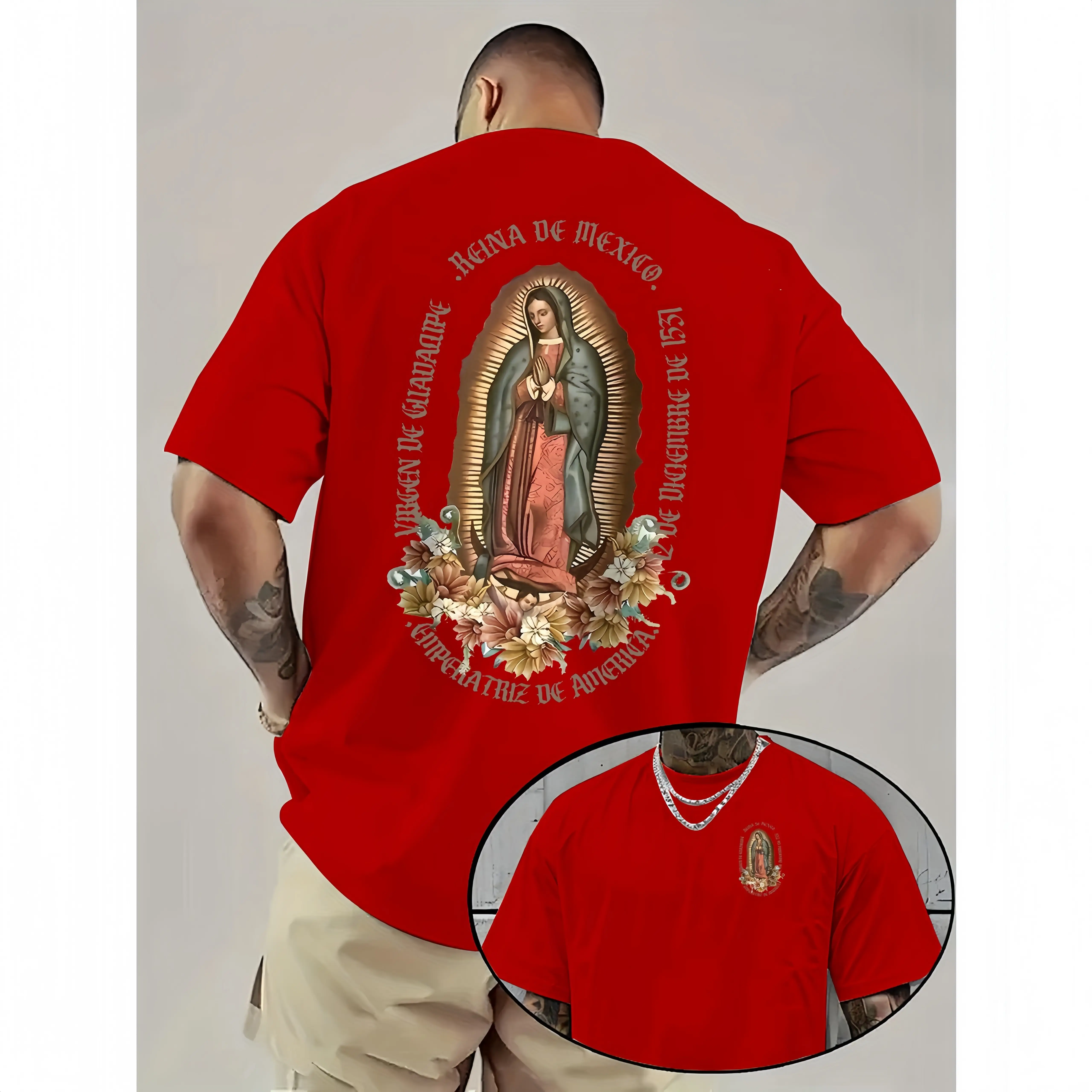 Casual Loose Short Sleeve Cotton Tshirt, Double-Sided Graphic Print Streetwear Top with Mexican Religious Culture (Guadalupe Virgin Mary & More) Designs, Seamless Non-Translucent Fabric, Machine Washable Summer Sports Top, Ideal Wear
