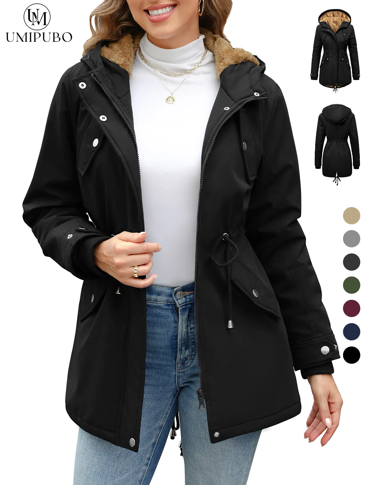 UMIPUBO Women's Lady Long Sleeve Winter Fleece Thick Water-Repellent Hooded Parka Jacket, Warm Zipper Casual Tops Outerwear with Pockets