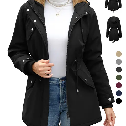 UMIPUBO Women's Lady Long Sleeve Winter Fleece Thick Water-Repellent Hooded Parka Jacket, Warm Zipper Casual Tops Outerwear with Pockets, Adjustable