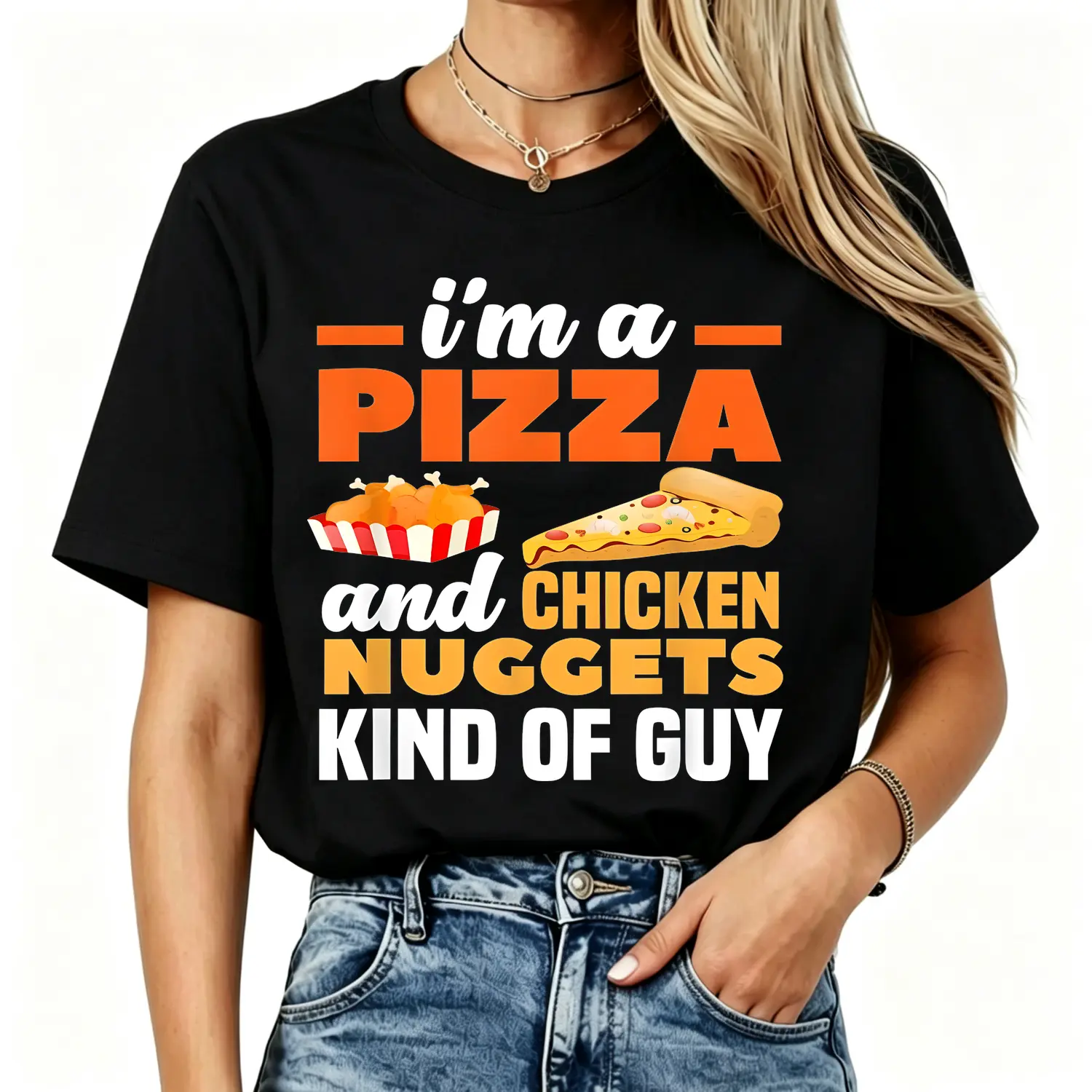 Women's Short-Sleeve Round Neck Graphic Tee - Funny "I'm A Pizza And Chicken Nuggets Kind Of Guy" Print, Soft Breathable Cotton, Lightweight Regular Fit, Unisex Casual Tops, Shortsleeve