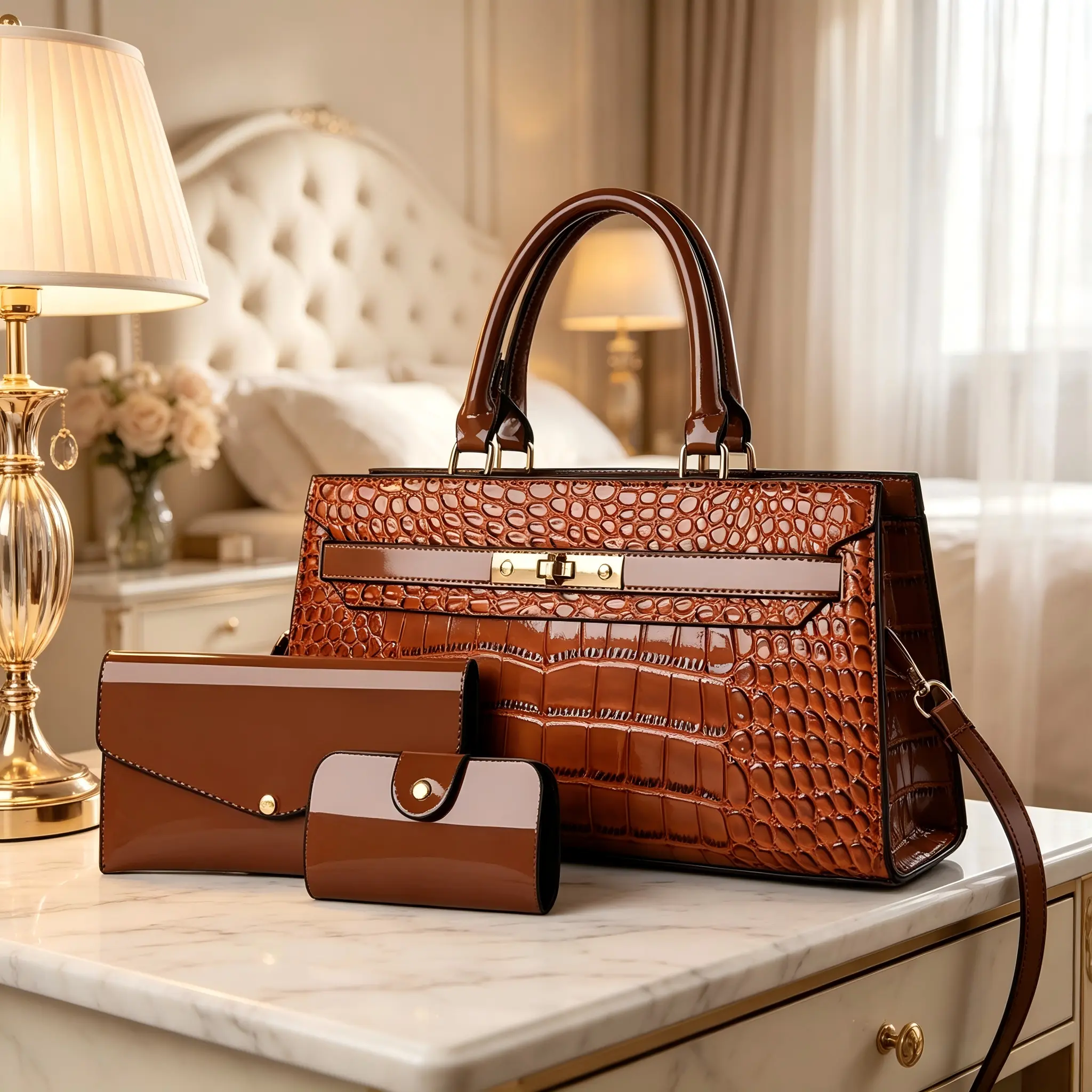 Women’s glossy crocodile-embossed handbag set, top-handle shoulder bag with clutch purse and card holder, luxury crossbody satchel bag for business and everyday use