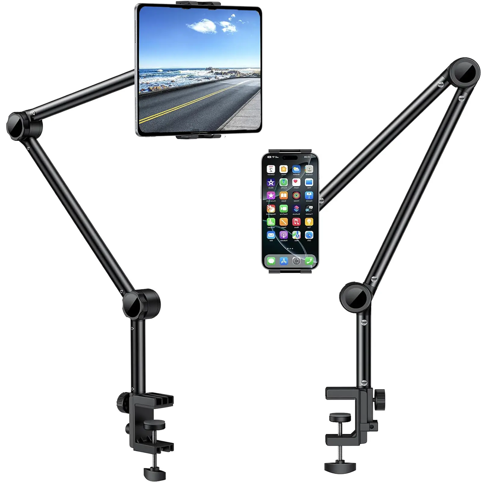Heavy Duty Aluminum Phone & Tablet Holder Mount - Adjustable Folding Silicone Universal Lazy Bracket, 360° Rotation Long Flexible Arm, Fits 4.7-11" Devices, Phone/Tablet Accessories for Bed & Desk, Tablet Stands