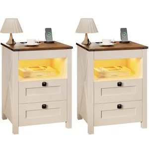 Farmhouse LED Nightsstand Set 2 with Gun Drawer&Invisible Lock,Modern Bedside table with Human Sensor Design,Rustic Side Table with wireless charging for Living Room, White Furniture Storage Smart