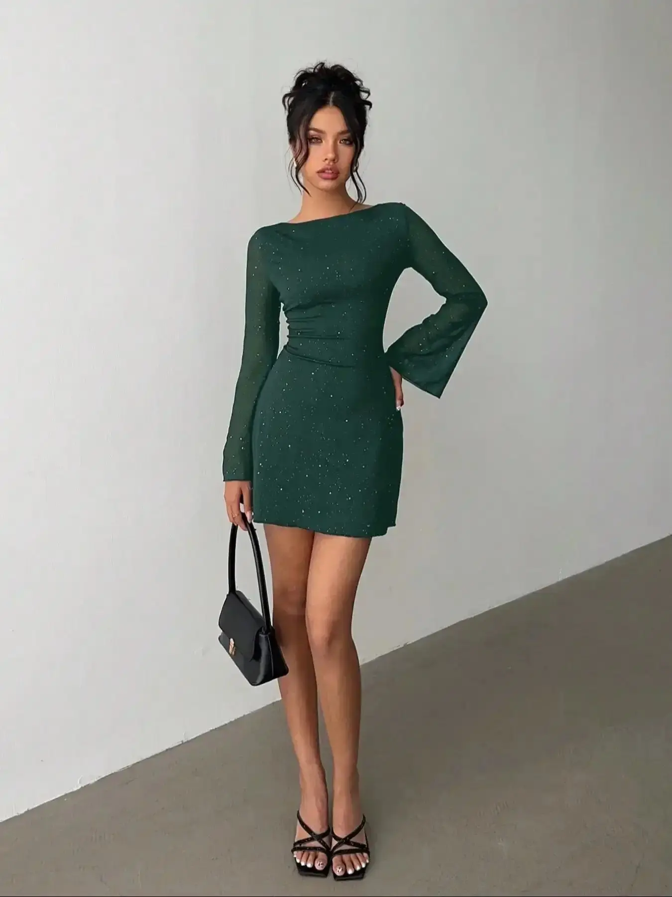 Women's Chic Deep Sequined Backless Dress, Long Flared Sleeve Ruched Tight Fitted Mini Formal Party Festival Christmas Evening Club Gown Womenswear, elegant silhouette, timeless appeal, graceful flow
