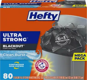 Hefty Ultra Strong 13 Gallon Trash Bags, Black Tall Kitchen Trash Bags, Break Resistant Drawstring Enclosure, Continuous Odor Control, 80 Bags Strong Large Trash Bags