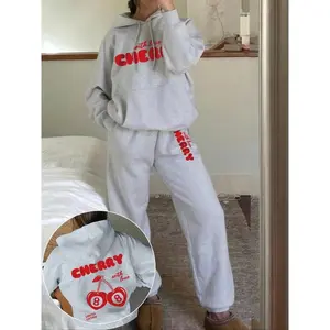 Two piece women's cherry and letter printed warm hoodie and drawstring waist sweatpants, casual, fashionable, comfortable and breathable two-piece daily clothing, women's autumn and winter clothing, casual matching setRAIMENTRY