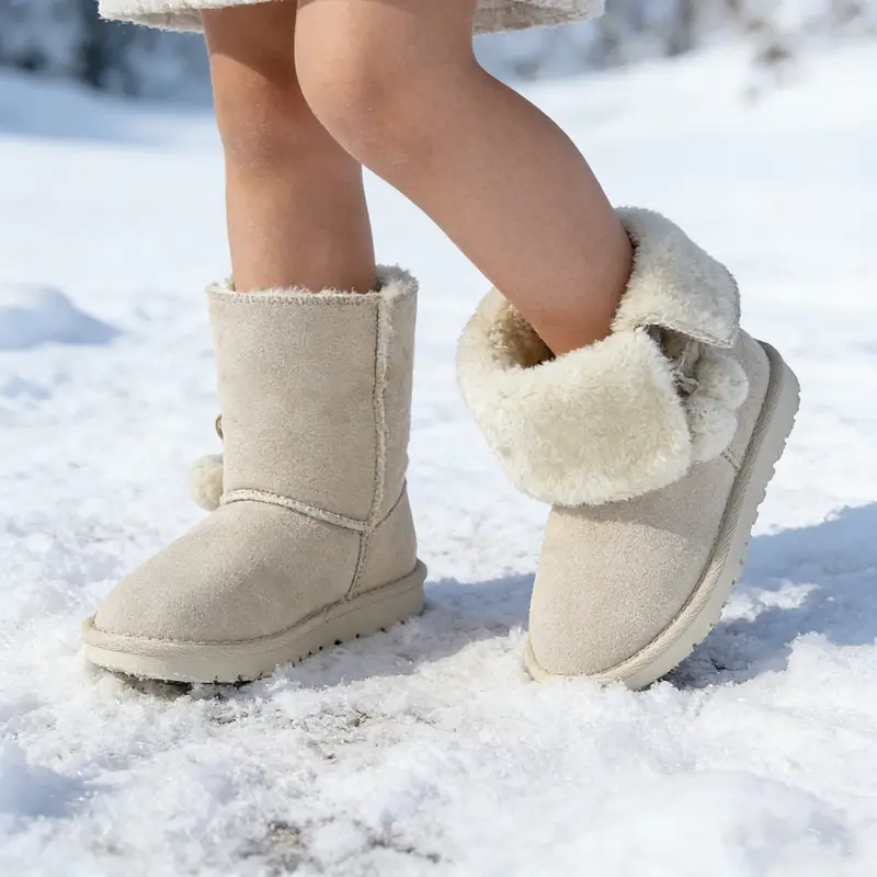 Lumubby Winter Booties for Kids, Casual Unisex Cuffed Plush Sheepskin Fuzzy Booties with a Super-lightweight Rocker-Bottom Sole & Water-Stain Protection