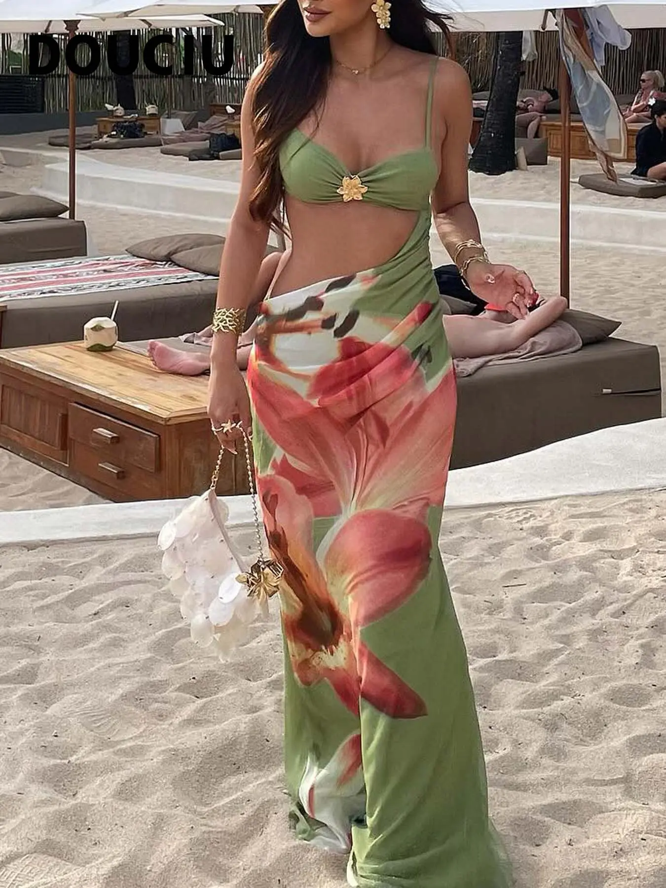 DOUCIU Summer Beach Vacation Yacht Party Mature Sexy Beautiful Cool  Sleeveless Women'S Long Hollow Floral Print Suspender Strap Dress - TikTok  Shop