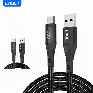 (Buy 1 Get 1 Free) EAGET 66W USB A to USB-C data Cable, 6A super Fast Charging Braided Cord, Digital Display Power, Compatible with iPhone 16 Series, Samsung Galaxy S24/S23, Switch, 6.6FT Black, portable charger,TikTokShopHolidayHaul couple traveling gift