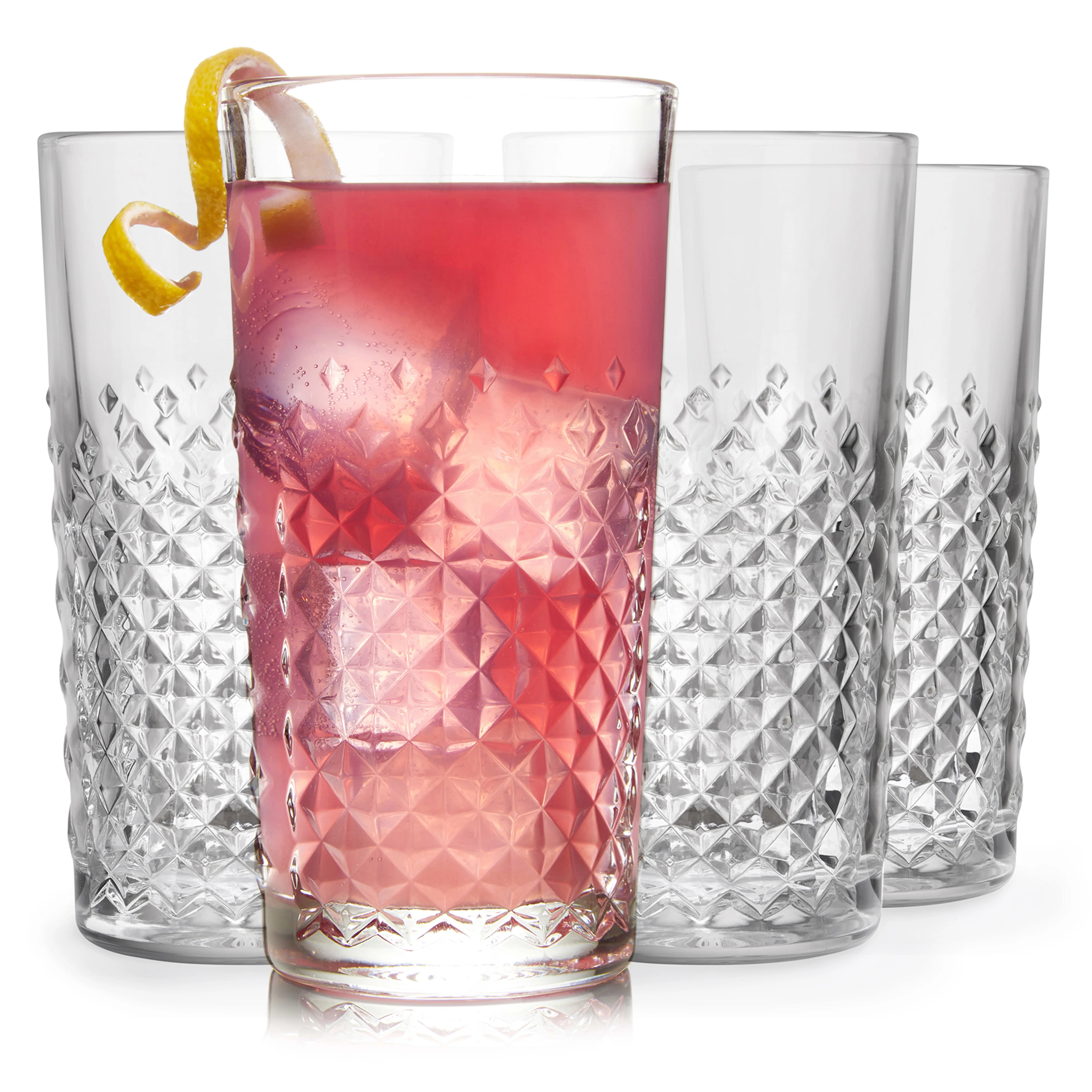 Libbey Carat Tumbler Glasses Set of 4, Faceted 14 oz Drinkware Glasses Set, Dishwasher Safe Tall Drinking Glasses for Cocktails, Soda, and More