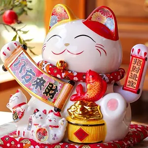 11'' Lucky Statue Cat Figurines Chinese Cat Waving Arm Large Maneki Neko Ceramic Japanese Money Fortune Cat Gift Decorations For Store Company Opening Ornaments Room