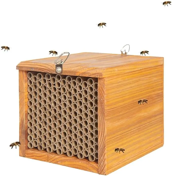[Pollibee Official] Mason Bee House - Wax Coated Hotel for The Garden, Natural Handmade Wooden Waterproof Mason Bee Home, Attracts Peaceful Pollinators to Your Garden