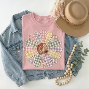 Faux Quilted Patchwork Daisy Shirt Floral Graphic Tee Vintage Aesthetic Flower Top Cottagecore Patchwork Shirt Spring Shirt Patchwork Custom Name Shirt T-shirt