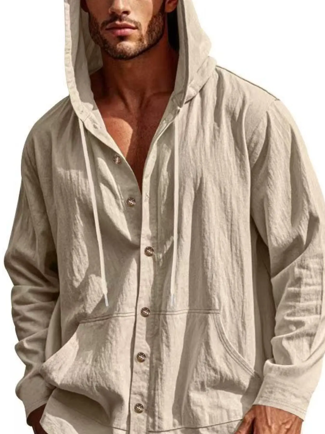 Men's Button Design Solid Color Hooded Long Sleeve Linen Shirt with Two Large Pockets, Tailored Fit, Vintage Classic Menswear, Comfortable Breathable Fabric, Casual Fashion Daily Wear, Tops