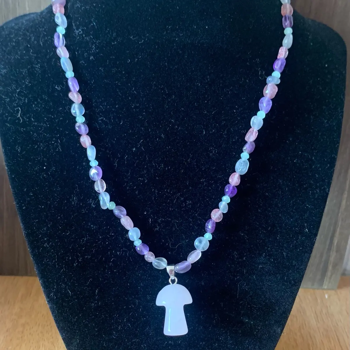 Handmade Crystal Necklace made from Strawberry Quartz, Amythest, and Labradorite with a Rose Quartz Mushroom pendant.