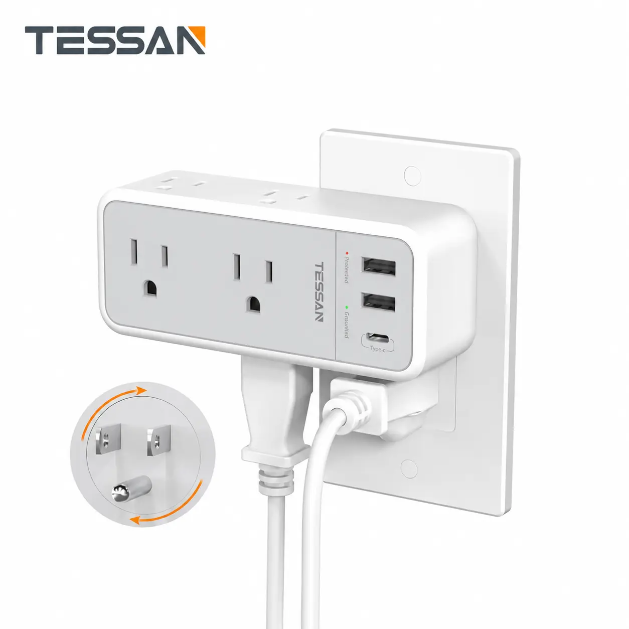 TESSAN Multi Plug Wall Outlet Splitter with Fully Rotating Plug, 1800J Surge Protector Outlet Extender with 6 AC Outlets & 3 USB Ports (1 USB-C), 1875W 3-Sided Wall Adapter for Home, Office & Dorm Room