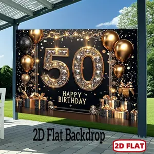 1PC,2D Flat Banner Black Gold Luxury 50th Birthday Backdrop, 50th Happy Birthday Decorative Curtain, Party Scene Decoration Prop, Photo Background with Balloon & Gift Box Elements, Hanging Cloth for Party Activity, Birthday Party Decorations