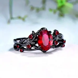 2pcs Set of Black Fashionable Women'S Floral Vine Rings, Engagement Rings, And Wedding Rings, Set with Red Synthetic Zirconia, Anniversary Christmas Gift Jewelry