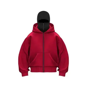 Men's Black Polyester Fleece Balaclava Hoodie Tops - Built-In Zip, Long Sleeve, Plain, Street Style Matching Athletic Sweatshirt for Autumn Winter Sports & Casual Wear