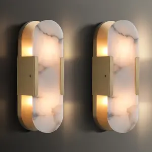 Dimmable LED solid brass Wall Mounted Sconce with Alabaster Shade (Set of 2)