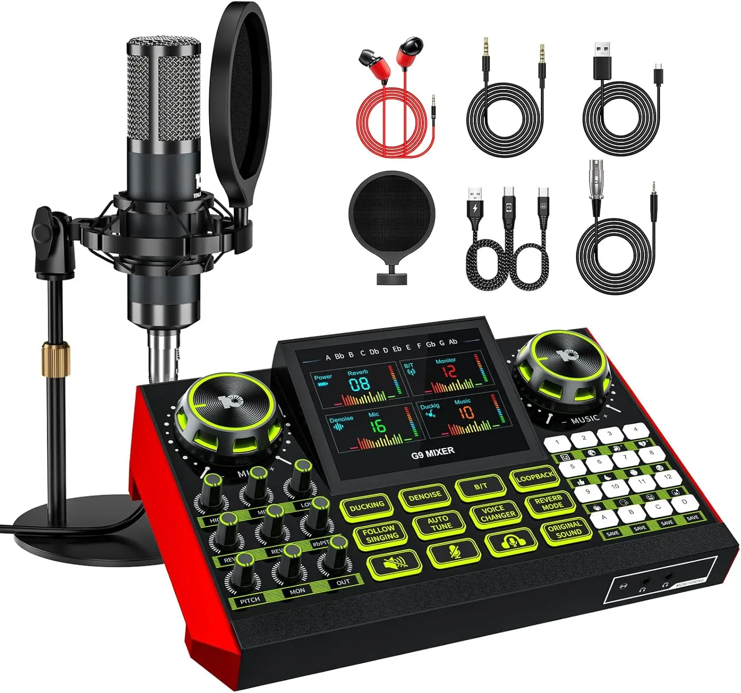 G9 Podcast Equipment Bundle with 3.5mm Condenser Microphone, Audio Mixer, Voice Changer, Noise Reduction, Bluetooth - Plug & Play for PC, Phone, Streaming, Singing