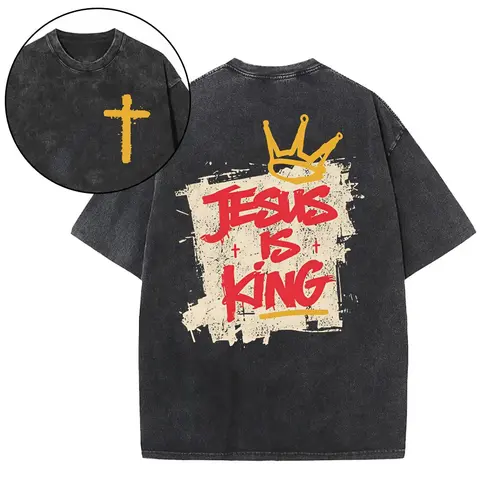 Double Sided Yellow Cross Chest Jesus Is King Graffiti Crown Vintage Acid Wash Oversized Tee | Christian Faith Unisex Casual Short Sleeve T-Shirt