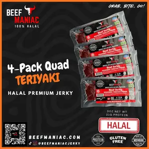 Halal Beef Jerky 4-Pack Quad Teriyaki Fusion by Beef Maniac | Natural Hardwood Smoked Premium Jerky Made in Michigan