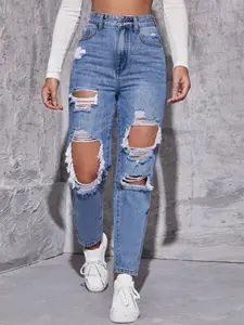 Women's Ripped  Denim Jeans Pants, Fashion Casual Comfy Straight Leg Jeans for Daily Outdoor Wear, Women Bottoms for Summer