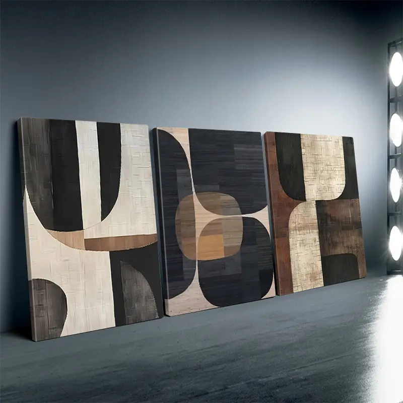 3-Piece Modern Abstract Wood Frame Wall Art Set - Geometric Print Posters with Beige Pebble-Style Edge, Brown Minimalist Neutral Texture, Glossy Waterproof Decor for Living Room, Kitchen