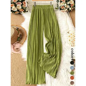 Women’s wide-leg pants with a casual striped design, featuring fold-over ruffles, suitable for all seasons—comfortable and fashionable GARMENTARY