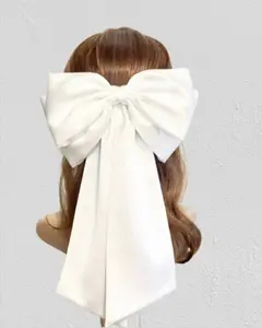 Satin Giant Hair Bow - Oversized Women's Hair Bow, White Wedding Bow, Long Tails Hair Accessory, Ideal for Bridal and Everyday Use