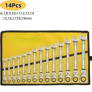 14PCS Metric Ratchet Combination Wrench Set - 180° Swivel Flex Head, 72-Tooth Forged CR-V Chrome Vanadium Steel (6-19mm), Storage Roll Pouch, Professional Hand Tools for Automotive & Household Repair, Ideal Gift for Mechanics
