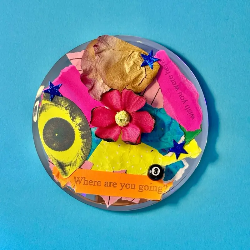 LUXE Magnetic Mixed Media Collage on Canvas with Mirrored Back Decorative Fridge Magnet Handcrafted Artwork "Where are you going?"