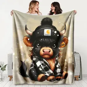 Comfortable Carhartt Hat Cow Print Flannel Blanket, Warm and Durable, Ideal for Sofa, Office, Bed, Camping, Travel, Perfect Holiday Gift