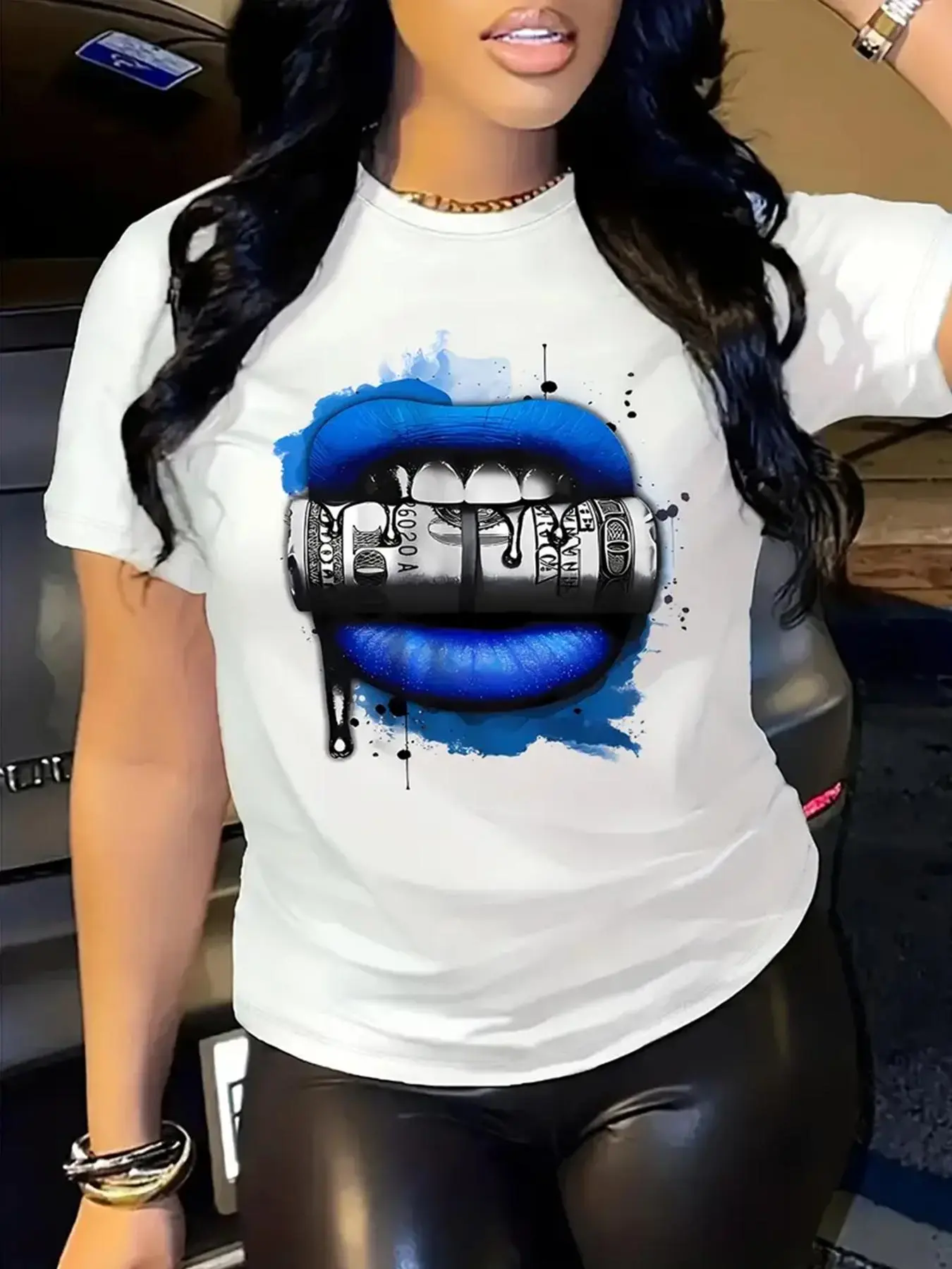 Women's Blue Lip Print Round Neck Graphic Tee, Fashion Casual Streetwear Crew Neck T-shirt for Daily Holiday Vacation Outdoor Wear, Ladies Clothes for All Seasons, Casual Comfy Top, Casual Everyday Tops, Tshirt, Top, Womenswear