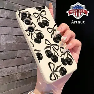 Straight Edge Black Cherry  Pattern Phone Case For Samsung S24 ULTRA PLUS S25 S23 S22 Plus Ultra Shockproof Full Camera Protection Durable Silicone Cover