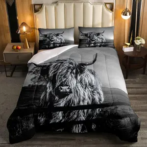 Highland Cow Bedding Set,Grey Bull Cattle Comforter Set,Funny Farmhouse Wildlife Animal Duvet Set,Western Cowboy Style Down Comforter