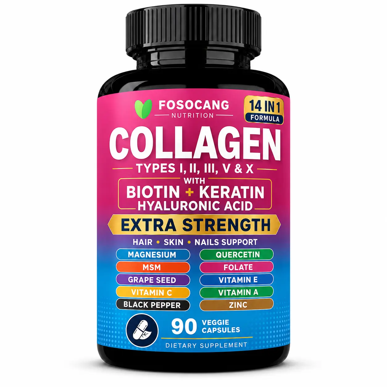 FOSOCANG 14-in-1 Multiple Collagens Booster Supplement Capsules - Types I,II,III,V & X, Biotin, Keratin, Hyaluronic Acid, Vitamin C, Zinc, Hair & Skin Support, Extra Strength, 90 Veggie Caps