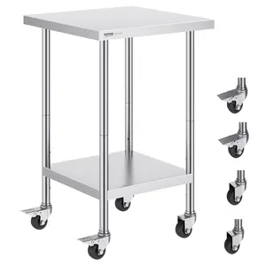 VEVOR Stainless Steel Work Table 24x24x38 In, 700 LBS Load Capacity, 4 Wheels, 3 Adjustable Height Levels, Heavy-Duty Food Prep/Side Prep Table for Commercial Kitchen, Garage Organiser with Racks & Shelf, Silver (Father's Day Gift)