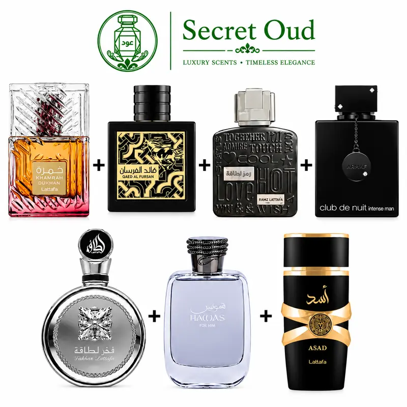 ASAD + KHAMRAH DUKHAN+ FAKHAR LATTAFA PLATIN + RAMZ LATTAFA SILVER + QAED AL FURSAN + HAWAS + CLUB DE NUIT INTENSE MAN --- 7 PIECE SUPER BUNDLE