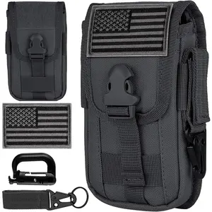 Tactical Cell Phone Holster Pouch, Smartphone Pouch Cellphone Case Gadget Bag Molle Attachment Belt Holder Waist Bag for 4.7"-6.9" with US Flag Patch and Gear Clip for iPhone 16 Pro
