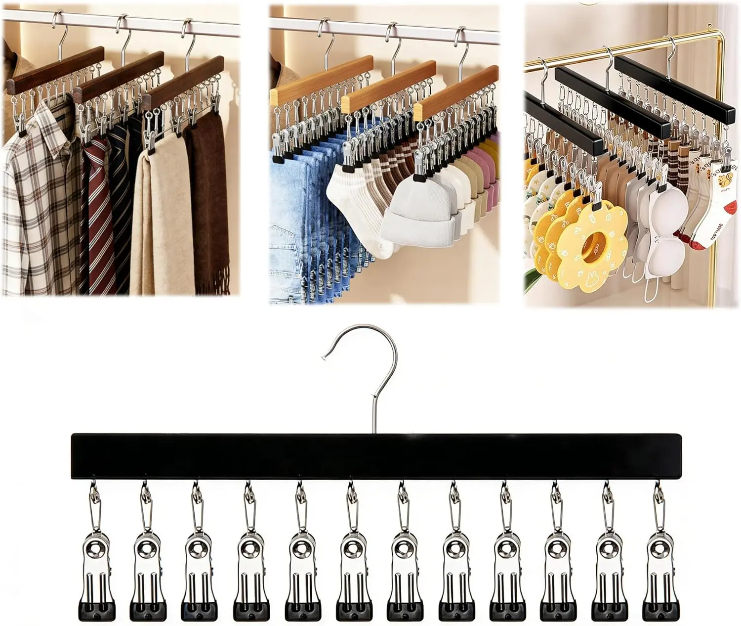 Upgraded Legging Hanger for Closet Organizer with 12 Clips, Wooden Jeans & Yoga Pants Hanger, Space Saving Non-Slip Organizer, Clothes Hanger with Clips for Bra, Belt, Sock, Hat Hanging Organization 1/2Pcs