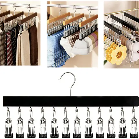 Upgraded Wood-Steel Sturdy Hanger with 12 Non-Slip Clips, Adjustable Closet Home Organizer Pouch Pack - Fits Jeans, Yoga Pants, Bra Belt Sock & More (1/2 Pcs) by Sohochic