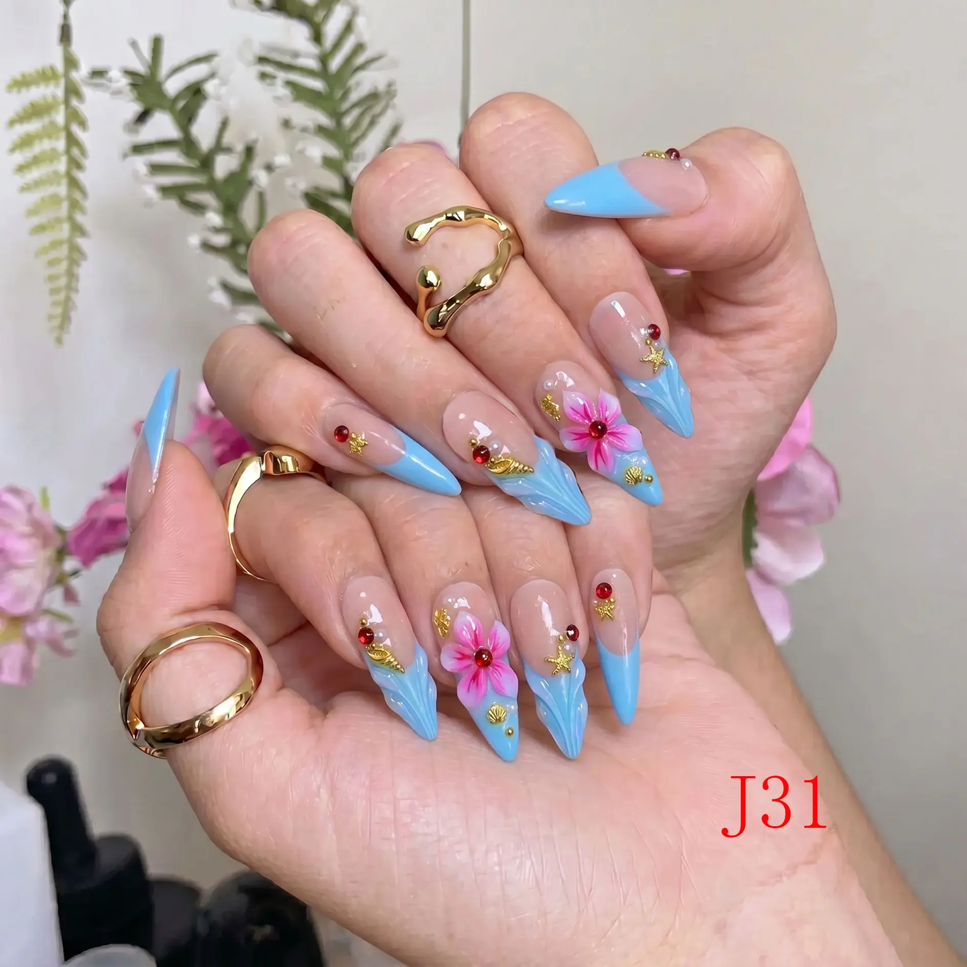 NailBeeBee Handmade Press On Nails, Ocean Shell Plumeria Long Stiletto, Reusable Acrylic Nail Kit with a Long-Lasting Gloss Finish, Reusable Press-Ons, Handmade Acrylic Nails