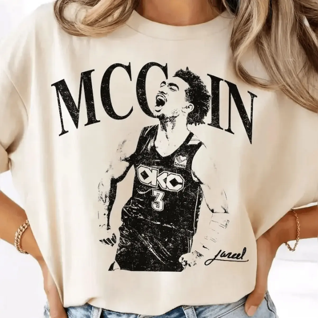 Men's Soft OKC Jared McCain Retro Graphic Print Crew Neck Short-Sleeve Cotton Tee with Reinforced Stitching, Casual Streetwear Top, One Size