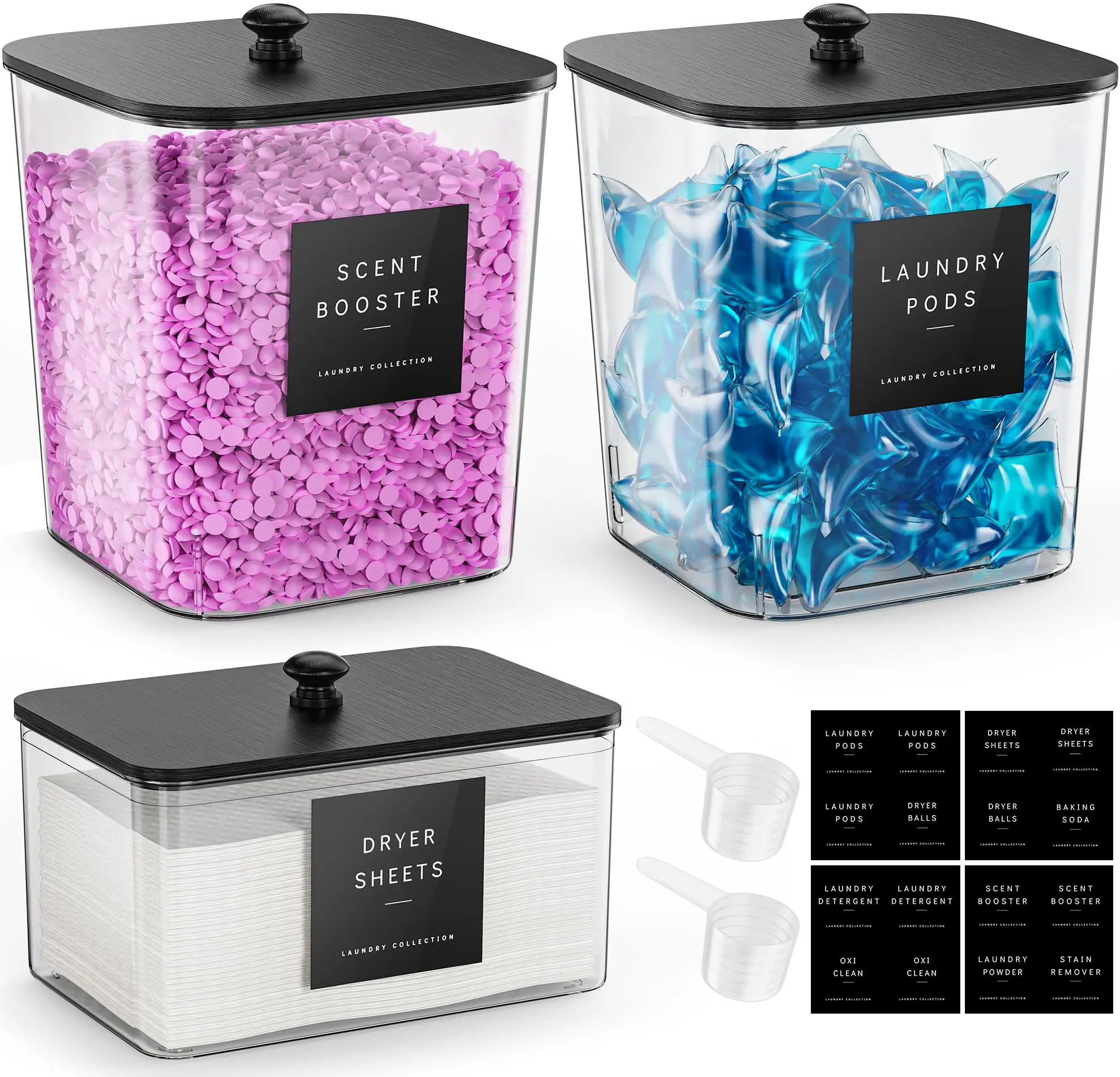 2+1 Pack Laundry Pods Container, Clear Laundry Room Organization Containers, Large Laundry Detergent Powder Storage Containers with Black Lids & Labels, Laundry Pods Holder for Scent Booster