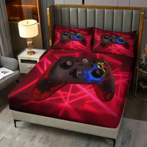 3Pcs Futuristic Black Gaming Controller Fitted Sheet Set, Semi-Transparent Design with LED Buttons, Glossy Finish Reflecting Red Lights, Ideal for High-Visibility Gaming, Elevate Your Game! Includes 2 Pillowcases, No Pillow Core