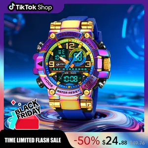 [TikTokShopBlackFriday]Men's Colorful Punk Style Quartz Watch, Multi.Functional Waterproof Dual Display Wristwatch, TrendyFashion Sport Watch, Birthday Gift with Gift Boxfashionable wristwatch multifunctional men