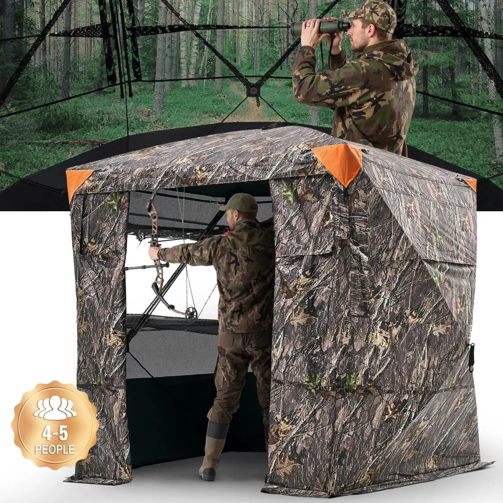 【Backtoschool】VEVOR Hunting Blind,  4-5 Person See Through Ground Blinds with Carrying Bag, 270 Degree Portable Camouflage Tent, Durable Concealed Shelter with Silent Magnetic Door and Window, for Turkey and Deer